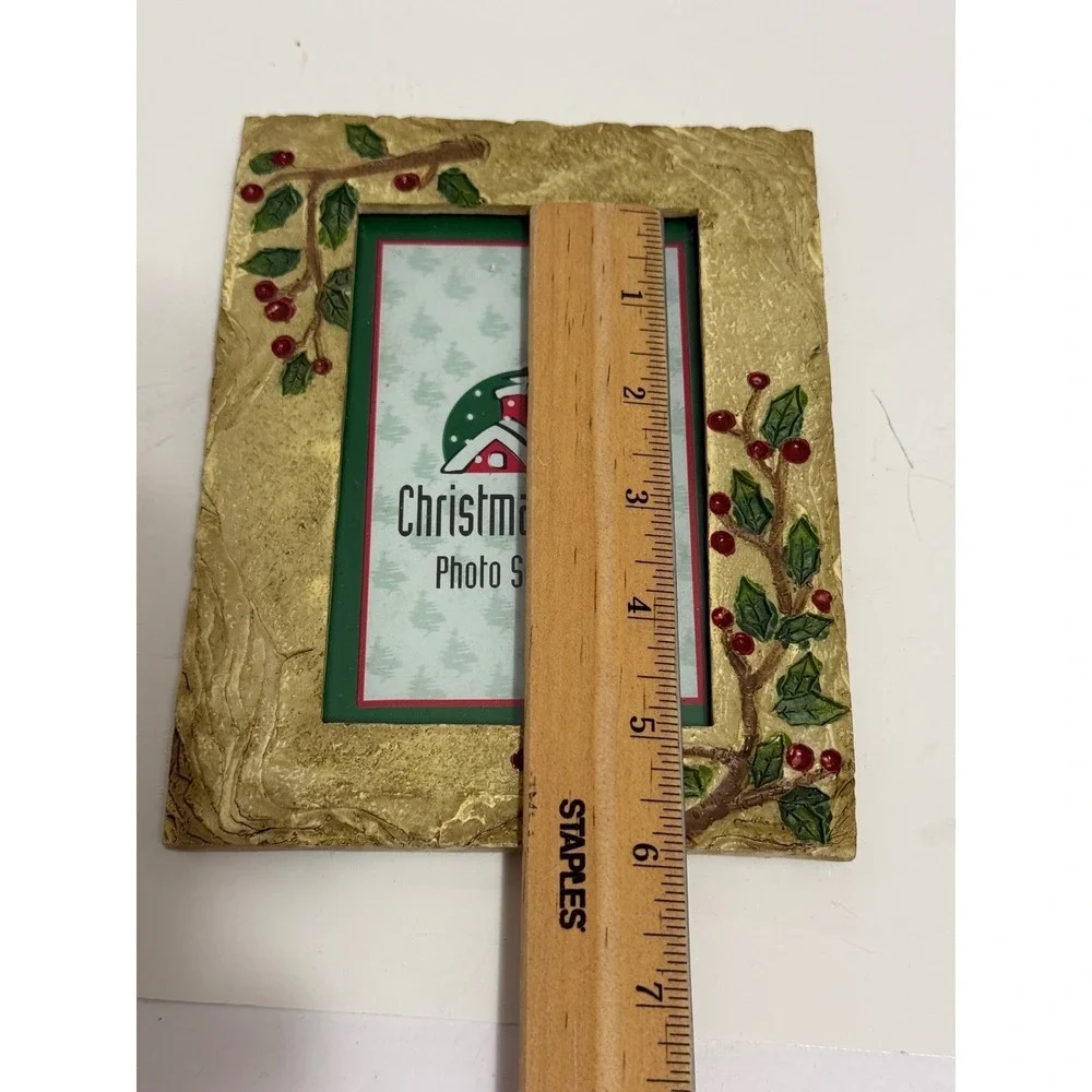 Christmas House Gold Holly Berry 3.5x5 Picture Frame Textured Resin Holiday Deco